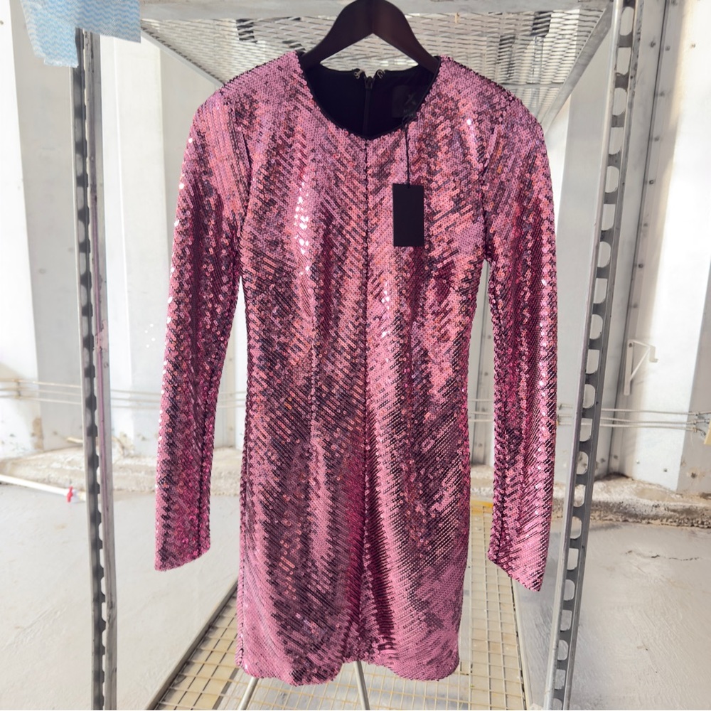 NBD Pink Sequin Mini Dress with Long Sleeves